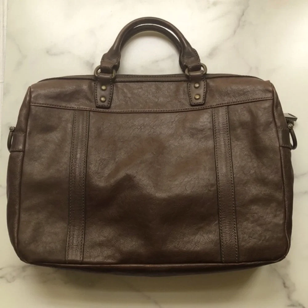 Fossil Brown Leather Briefcase Messenger Travel Crossbody Bag Double handle